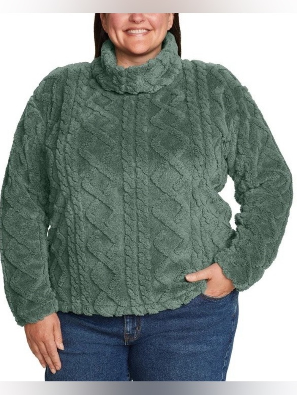 NWT Green XL Eddie Bauer Women's Plush Cable Fleece Mock Neck Pullover Sweater